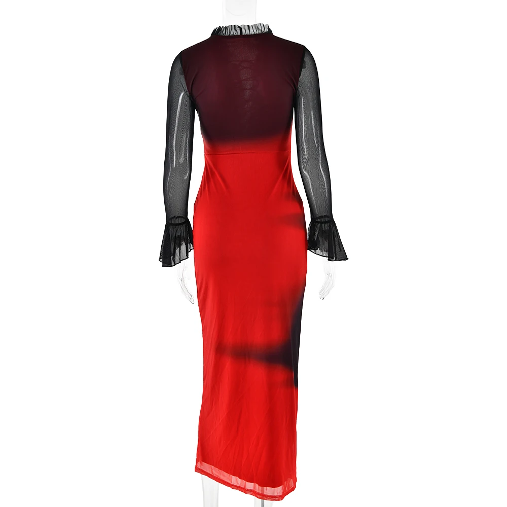 Elegant Long Sleeved Lace Up Elastic Tight Tie Dye Gradient Women Evening Dress Bodycon Sexy Female Dress Party Vestido