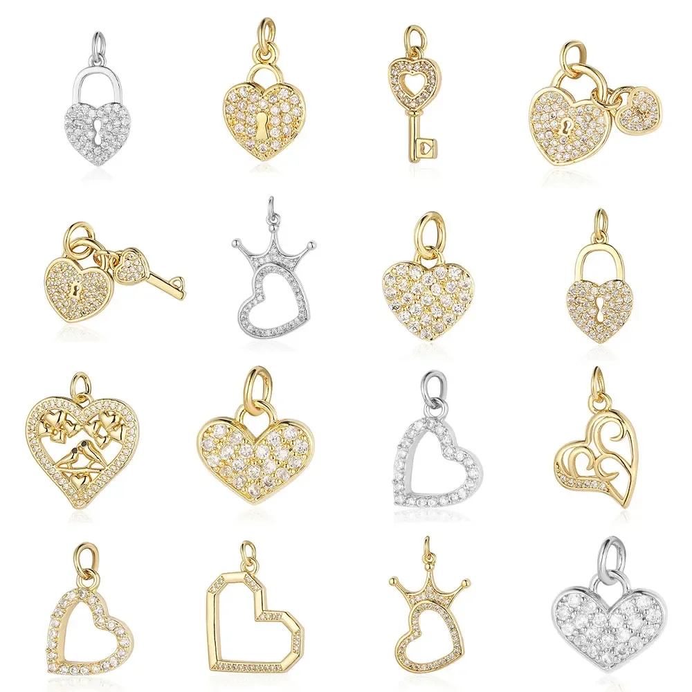 Family Heart Brass Cubic Zircon Stone Charms Love Lock Key Pendant for Bracelet Earring Necklace Making Wholesale