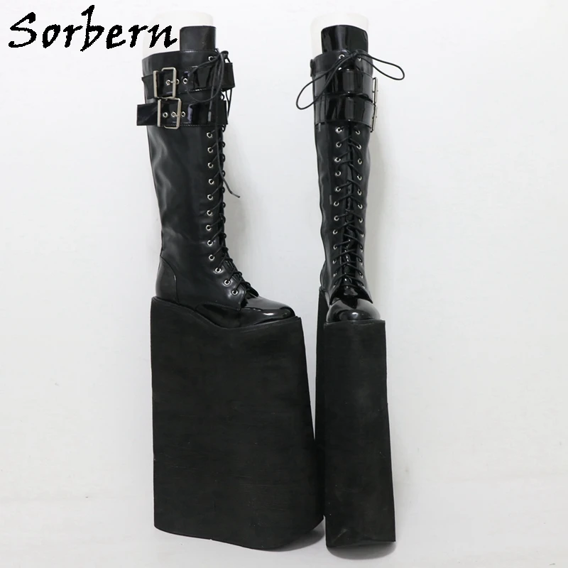 Botas estilo punk Sorbern para mulheres, unissex fetiche, alça larga com fivelas, cunhas de espuma, bota de bezerro personalizada, rainhas, 40cm