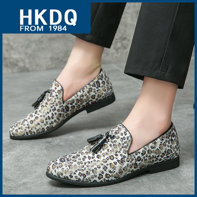 

HKDQ Leopard Tassel Mens Fashion Dress Shoes Trendy Slip-on Casual Men's Leather Shoes Comfortable Social Loafers Shoes For Men