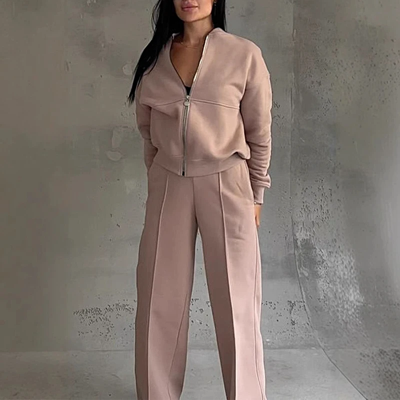 Spring Woman Loose Tracksuit Zipper Sweatshirt Coat+High Waist Straight Pants Sports Outfits Female Autumn Casual Two-piece Set 6