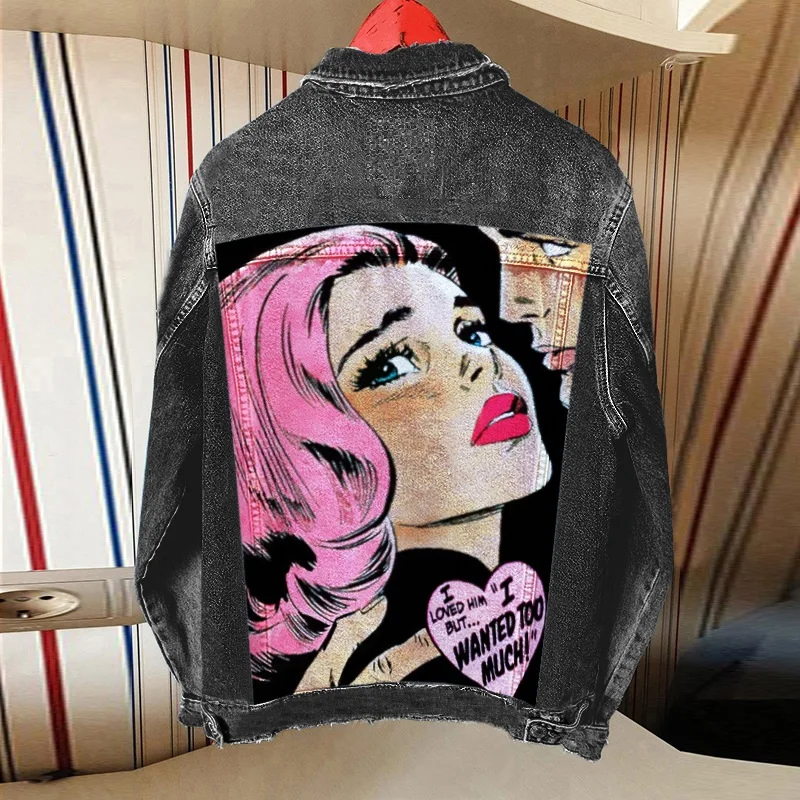 Women's Clothing 2024 Autumn New Hot Street Fashion INS Net Red Personality Sweet Love Girl Print Lapel Denim Jacket