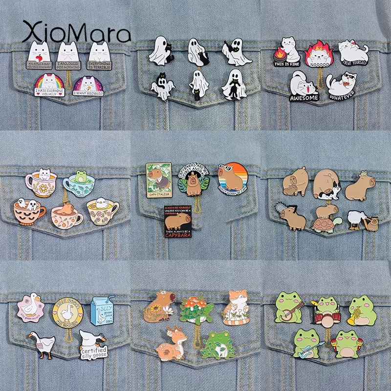 Nette Tiere Emaille Pins 3-6 teile/satz Schwarz Weiß Katze Capybara Metall Broschen Mode Revers Abzeichen Rucksack Kleidung schmuck Geschenk