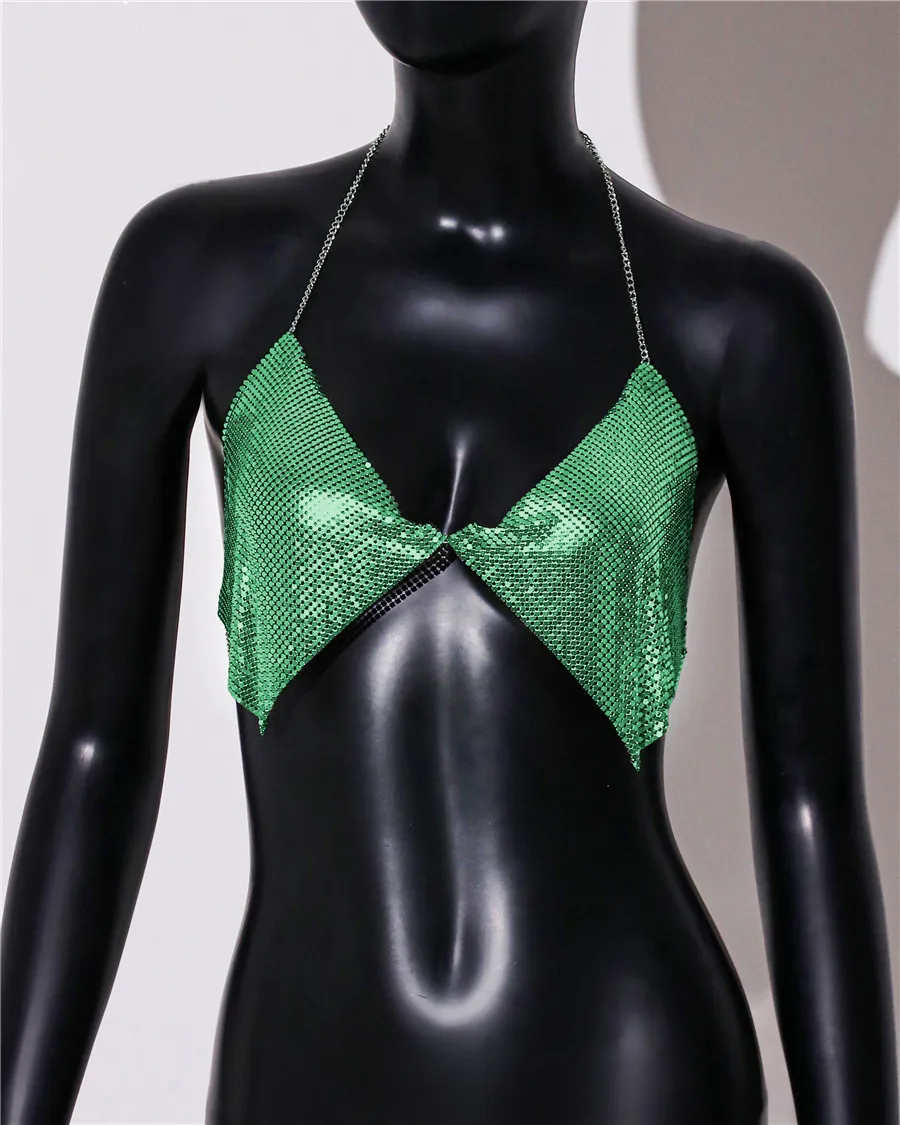 Akyzo Mode Metall Pailletten Leibchen Sommer Frauen rücken frei Neck holder Hals von der Schulter Crop Top Rave Vocal Konzert Tank Top – Detail 20