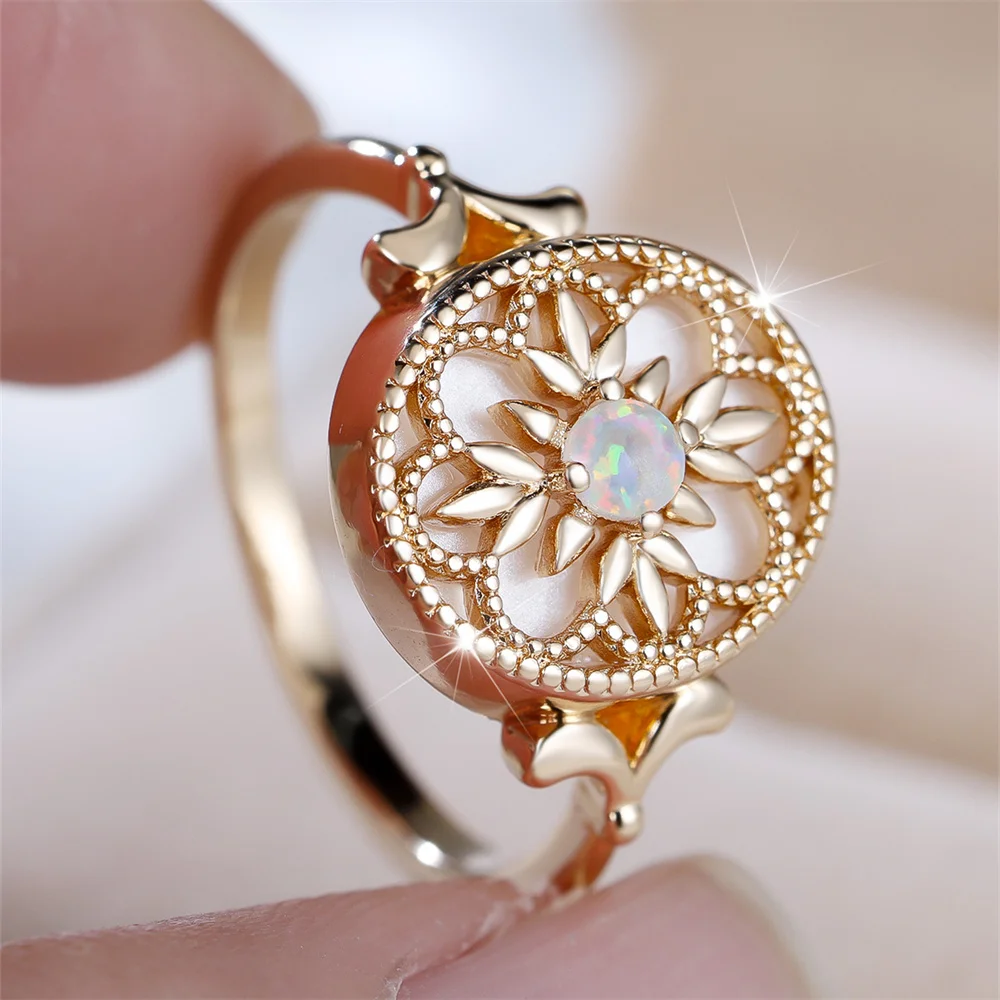 Trendy Flower White Opal Round Stone Rings For Women Vintage Gold Color Engagement Bands Wedding Jewelry Bridal Versatile Gifts