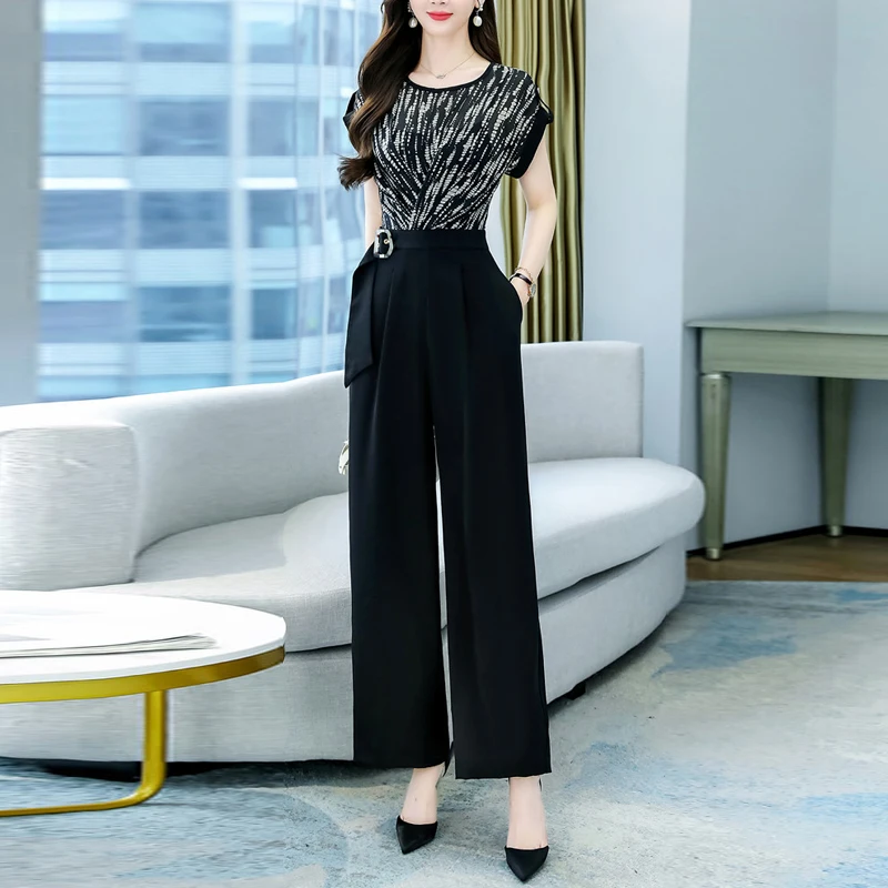 

Women Romper Panelled Casual Summer Jumpsuit Bodysuit Short Sleeve Loose Long Wide Leg Pants Trousers Office Lady Female Overall