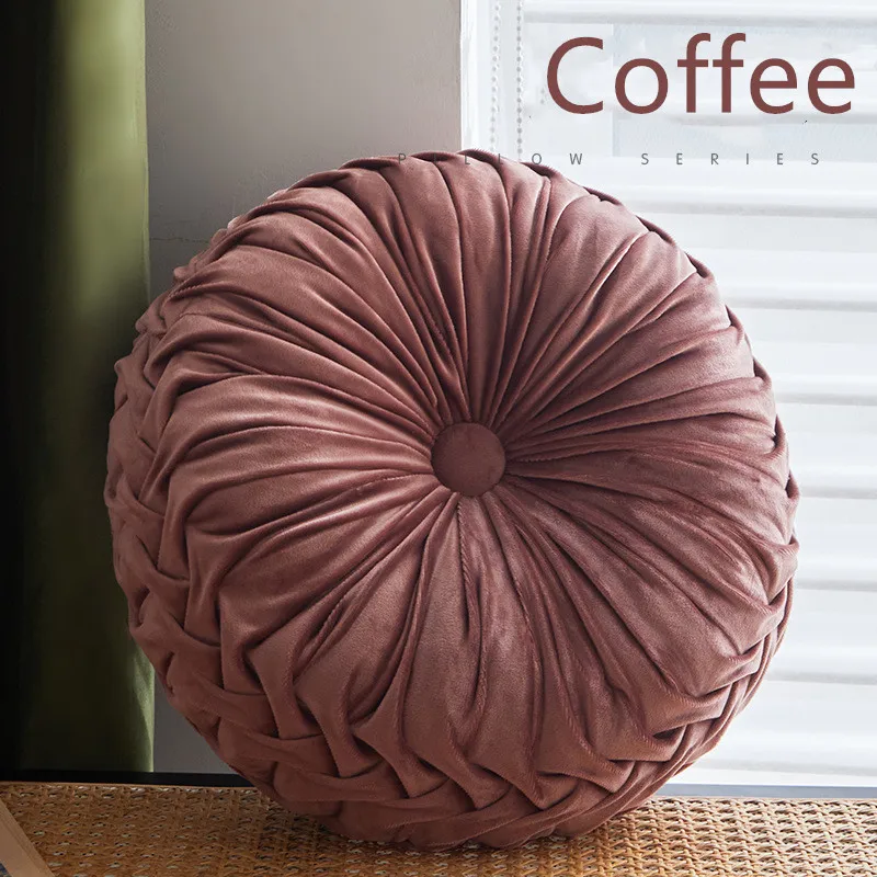 Velvet Pleated Round Throw Pillow - Boho Green Pumpkin Accent Cushion