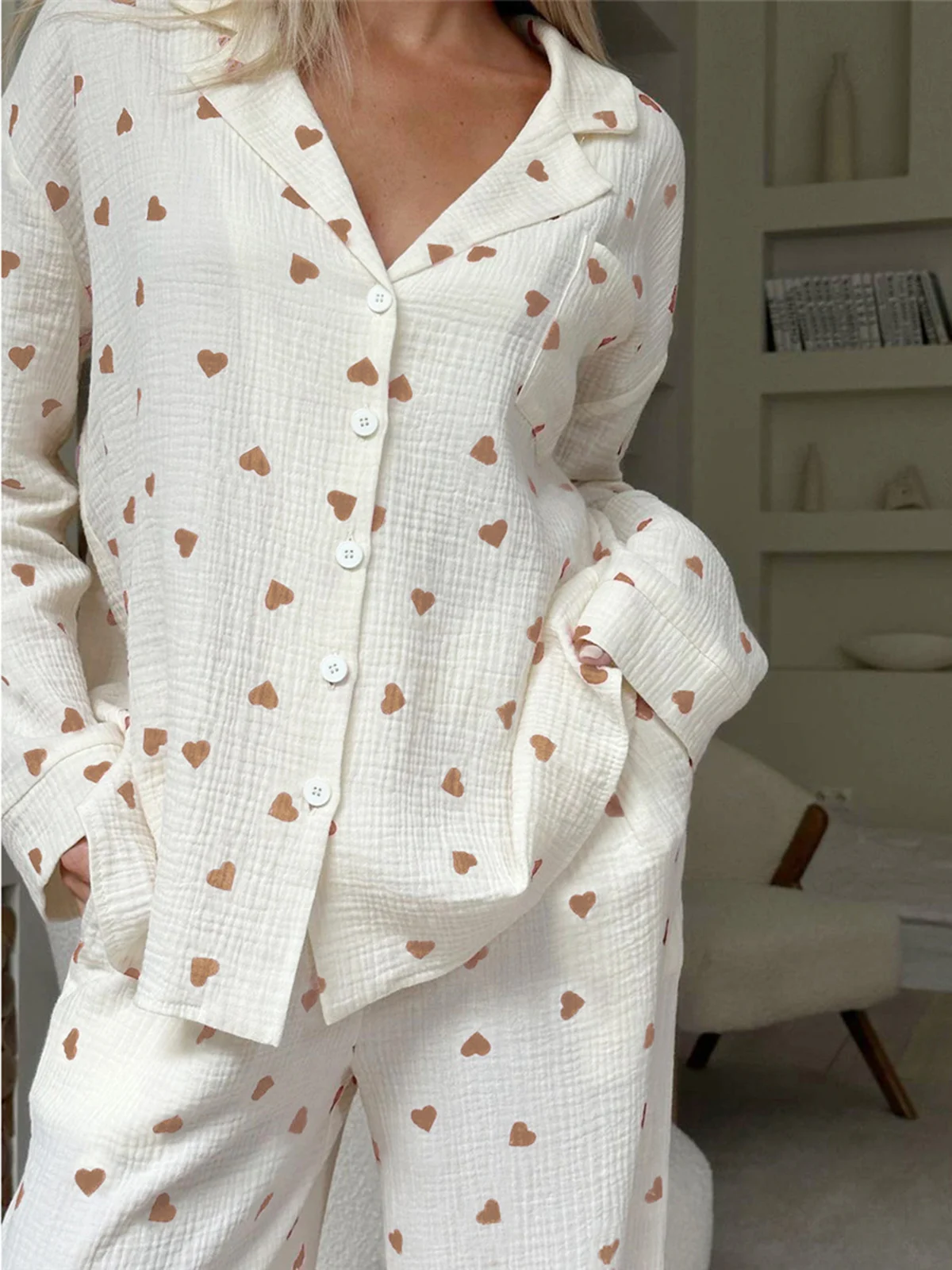 Love Print Cotton Pajamas women pajamas set women pajama suit cotton pajamas set For Women Single-Breasted Pocket New In Women's Sleepwear Lapel Long Sleeve Woman Clothing D323