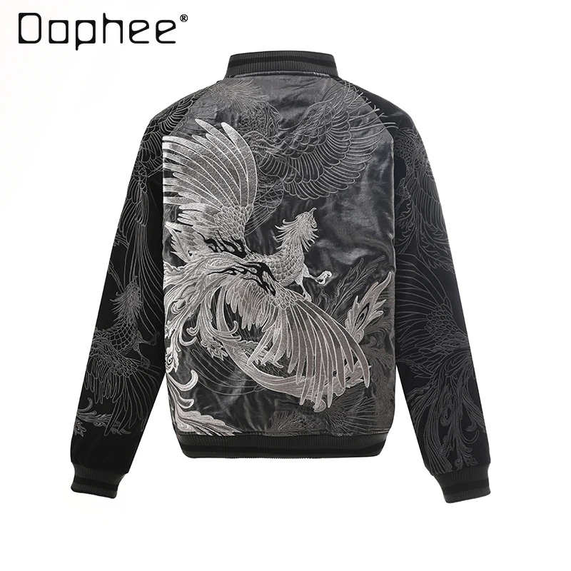 

Yokosuka Double-Sided Baseball Jacket Woman Spring and Autumn 2024 Chinese Style Zhuque Embroidery Long Sleeve Bomber Jackets