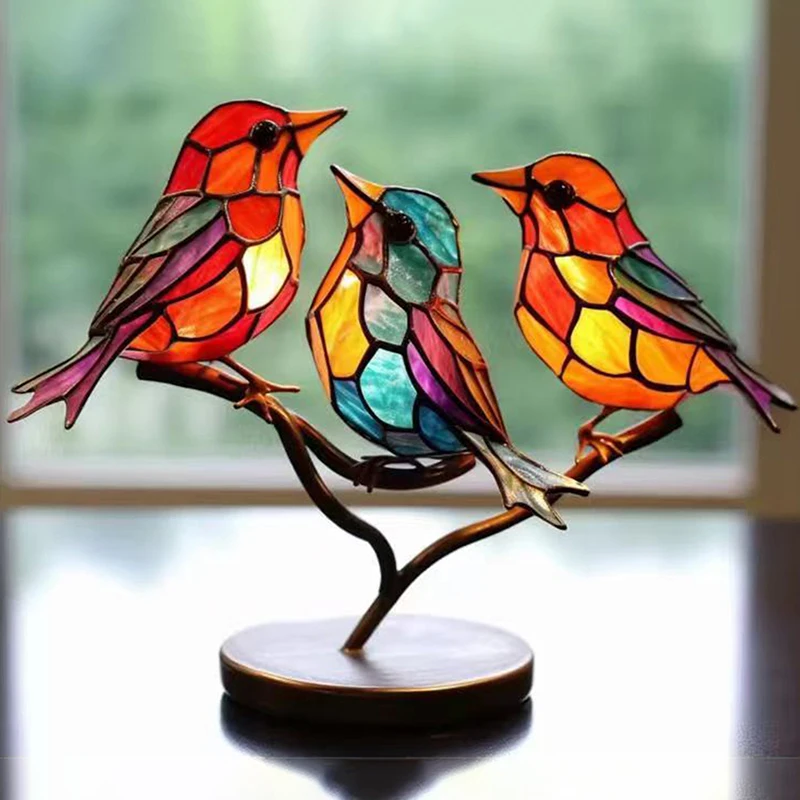 Stained Acrylic Birds on Branch Desktop Ornaments, Double Sided Multicolor Style Birds Craft Statue Desktop Ornaments