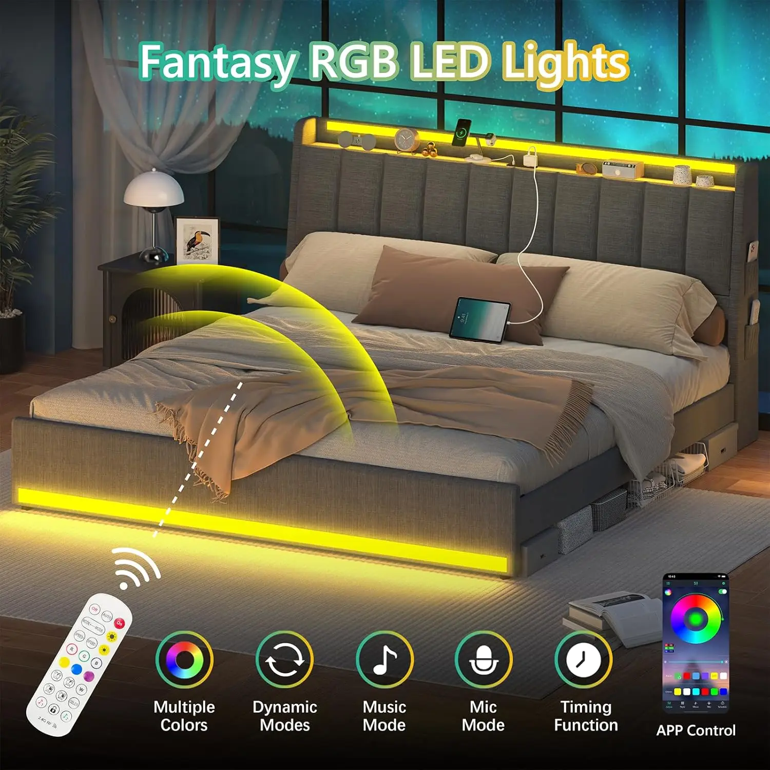 Queen Bed Frame with Storage Headboard & LED Lights, Upholstered Bed Frame Queen Size with Charging Station 3