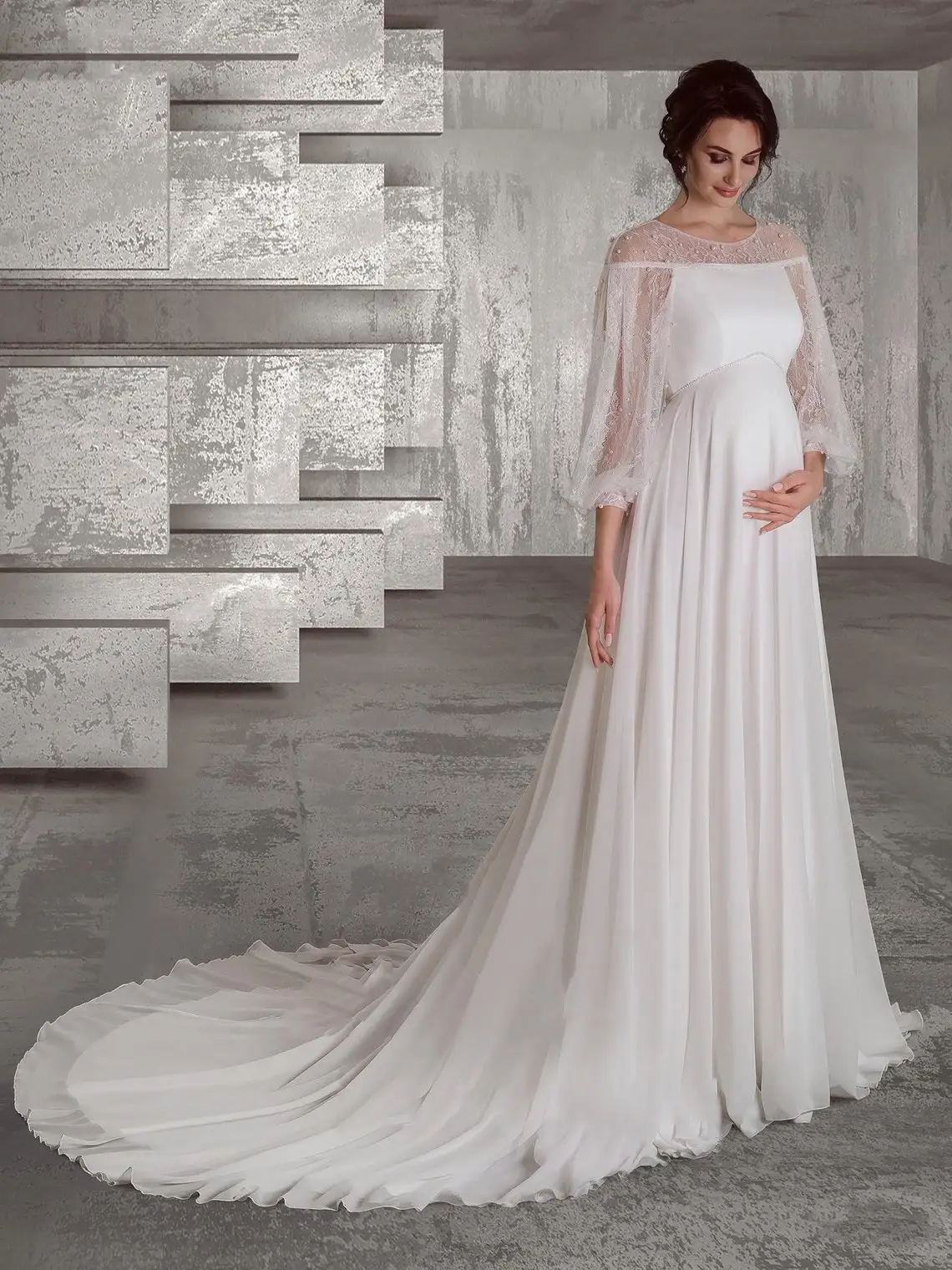 

Pregnant Wedding Dresses 2023 Lace Long Sleeves Pearls O Neck Chiffon A Line Sweep Train Bride Gowns Formal Party Bridal Dress