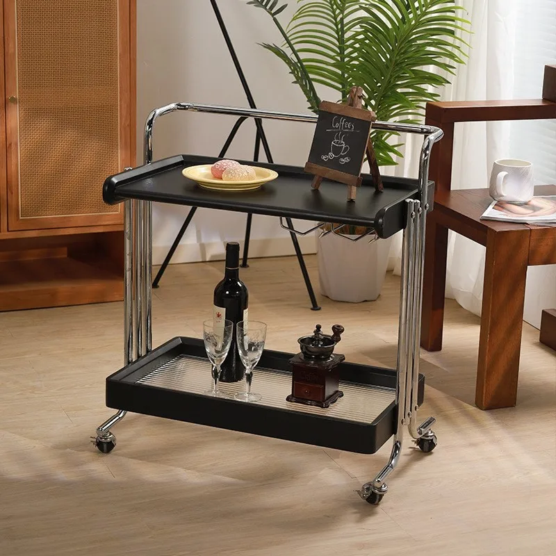 H2O HOUSE Mid Ancient Style Small Cart Storage Rack Movable Edges Living Room Solid Wood Retro Snacks Meals Lathe Cabinet