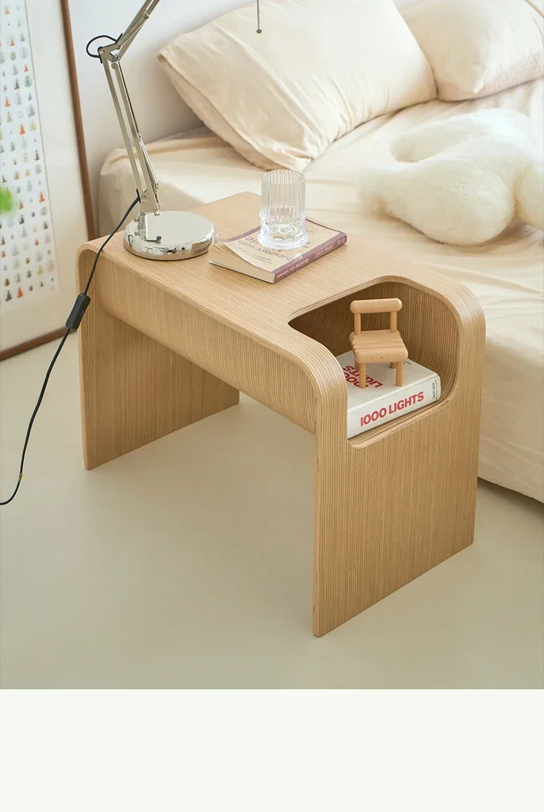 Solid Wood C-Shaped Side Table with Storage