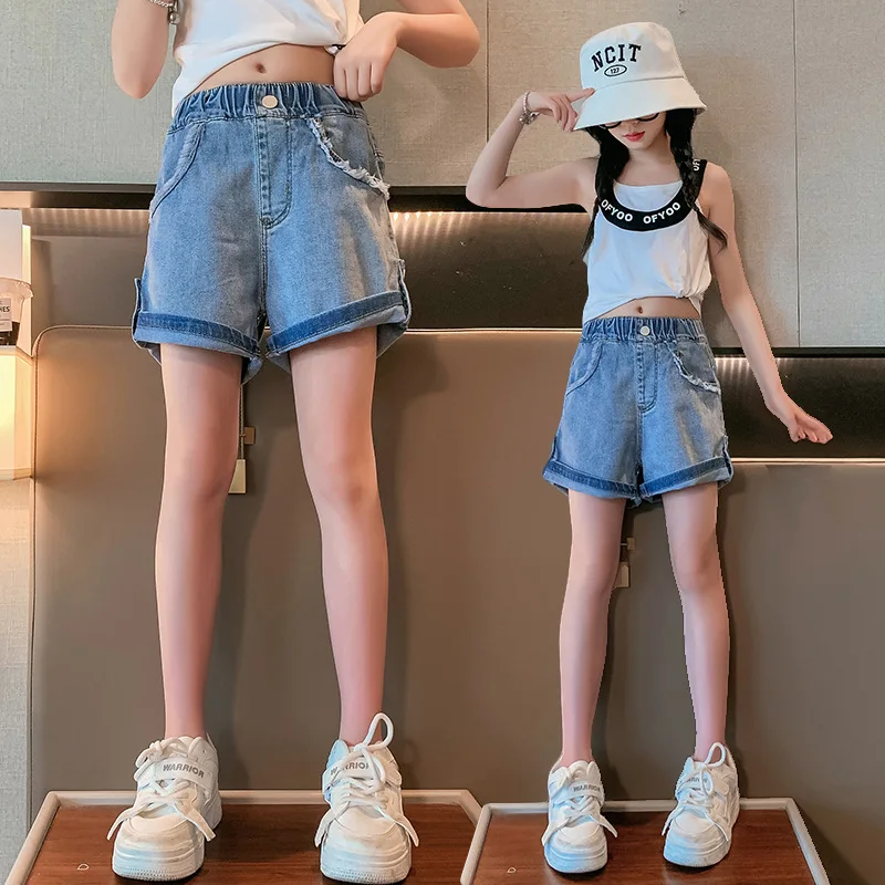 

Summer Baby Girls Button Denim Shorts With Pocket Kids Elastic Waits Jean Shorts For Girls Age 5 6 7 8 9 10 11 12 13 14Years Old