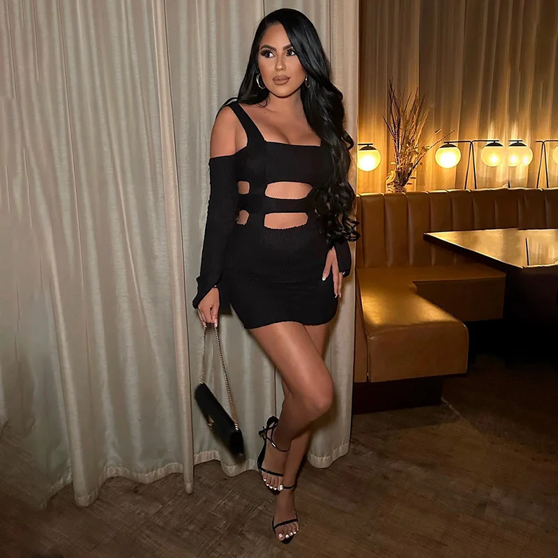 

Женское ажурное платье с длинным рукавом SKMY, черное однотонное короткое платье с открытыми плечами, одежда для ночного клуба на осень