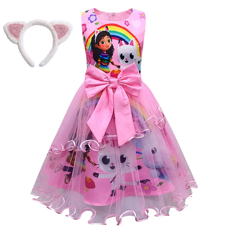 Summer Girls Dress Short Sleeve gabby's D-dollhouse Princess Gabby Cat Mesh Tutu Skirt Children's Birthday Party Cosplay Costume
