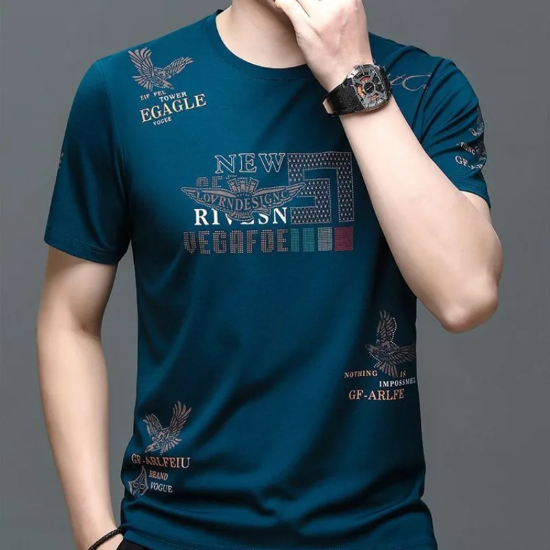 

Men's Clothing Pullover Letter Cartoon Geometry Printing Rhinestone Round Neck Short Sleeve T-shirt England Style Graphic Tops