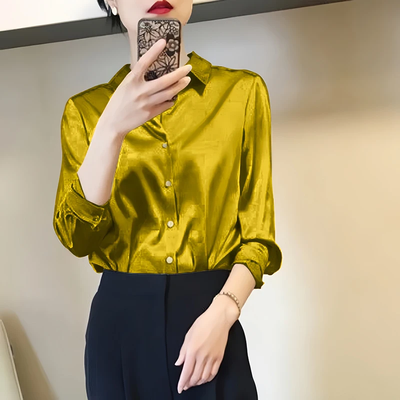 Camisas y blusas con acabado satinado que combinan con todo para mujer, Top informal OL de manga larga con botones, camisas elegantes, blusas francesas sólidas - Imagen 6
