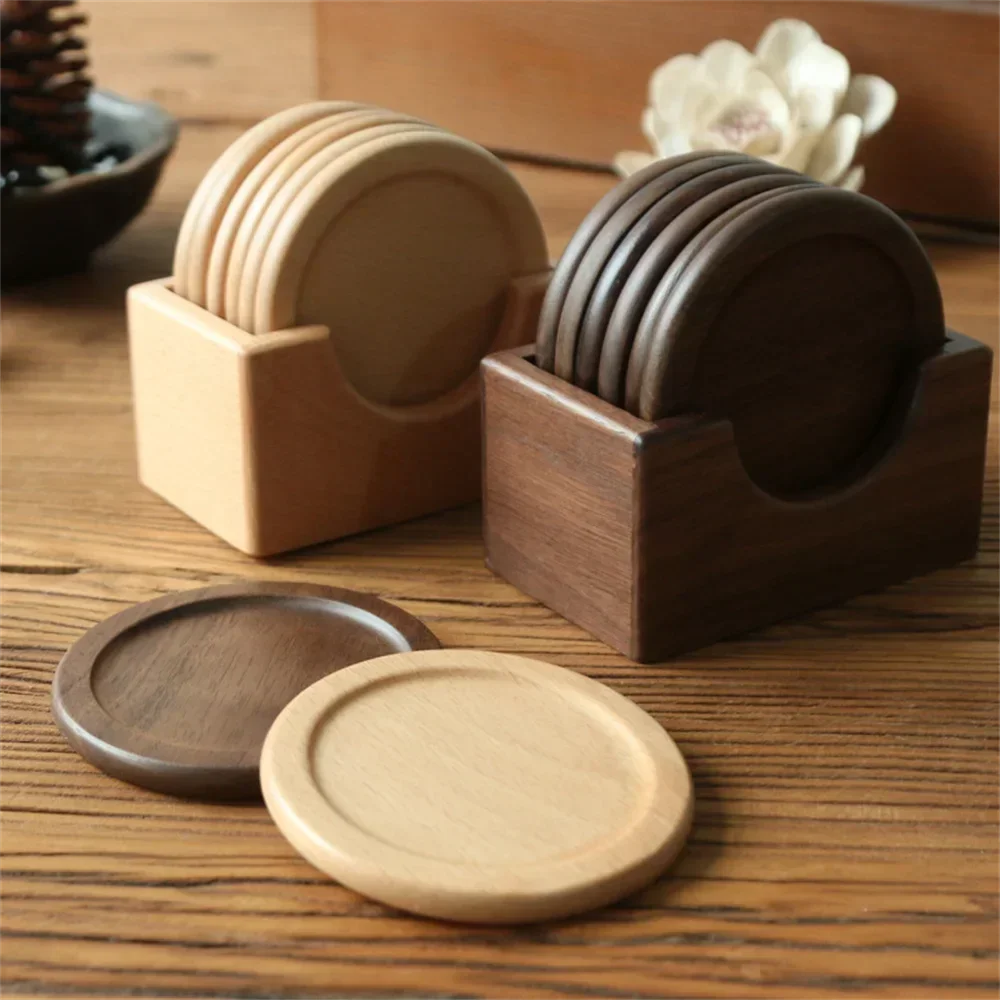 1/6pcs Walnut Wooden Coasters Set Decorative Round Table Mat Heat Insulation Pad Japanese Beverage Coasters Home Decor
