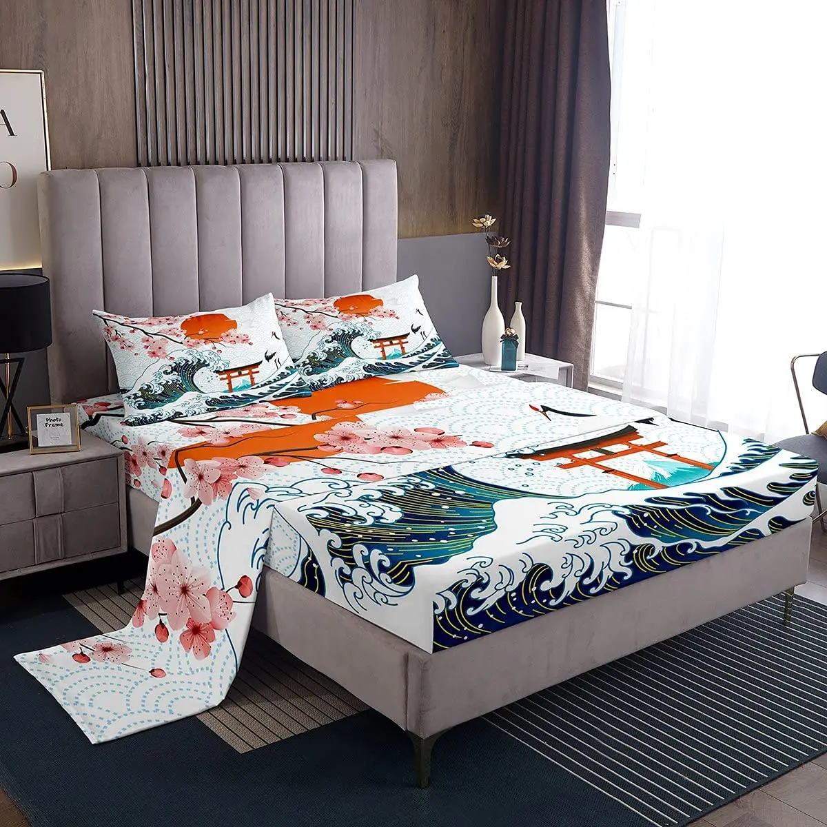 

Japanese Style Bed Sheets, Ukiyoe Ocean with Crane Red Sun Pink Cherry Blossom, Quality Brushed Microfiber Luxury Bedding Set