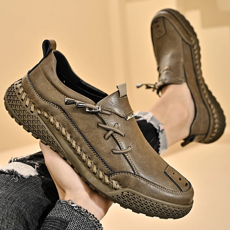 Men's Leather Casual Hand Stitching Side Zipper High Top Loafers 並行輸入品 EQWLJWE Mens Ankle Boots Leather Casual Loafers Shoes, Mens Side