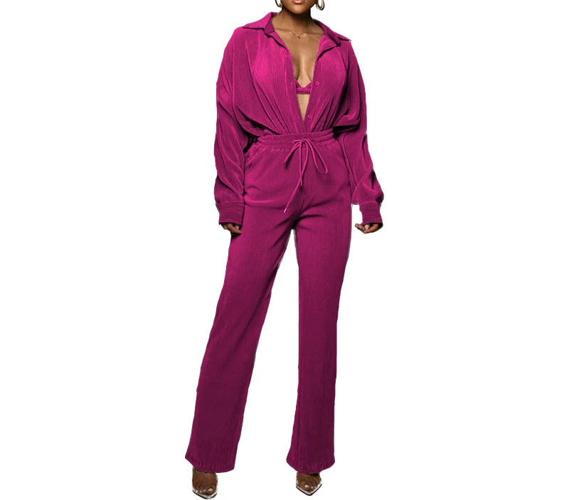Autumn and Winter New Solid Color Cardigan Single Breasted Long Sleeve Women's Two-piece Fashion Trousers Suit Lady Pants Set
