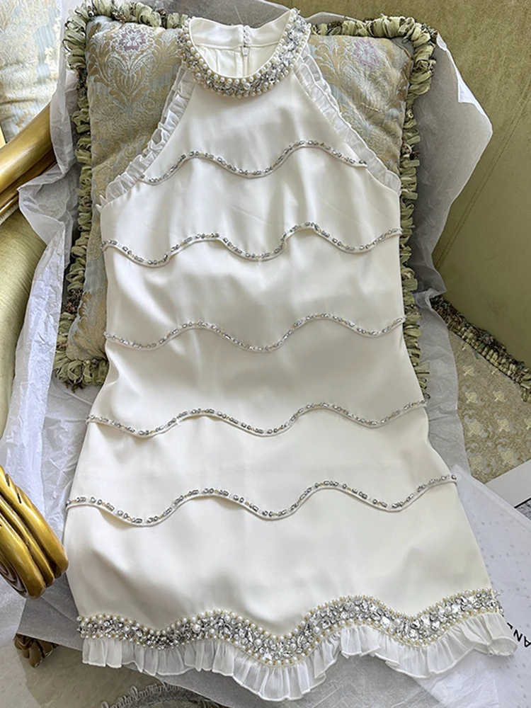 

HIGH STREET Newest 2024 Fashion Stylish Designer Women's Diamonds Beading Sleeveless Tank Dress