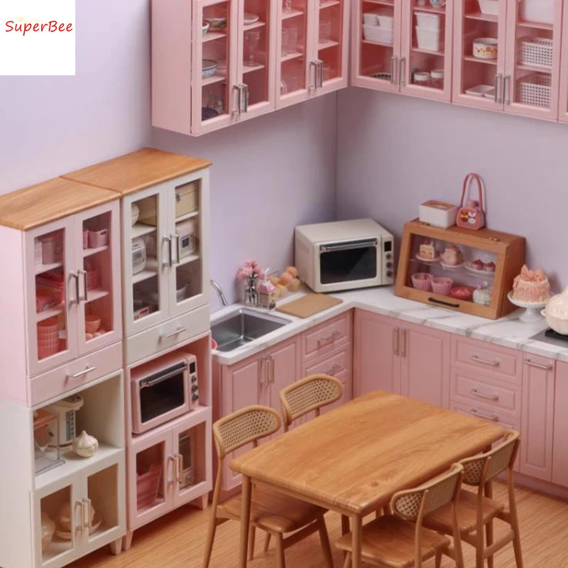 1/6 casa delle bambole Mini legno cucina combinazione credenza/armadio portaoggetti mobili in miniatura decorazione articoli accessori