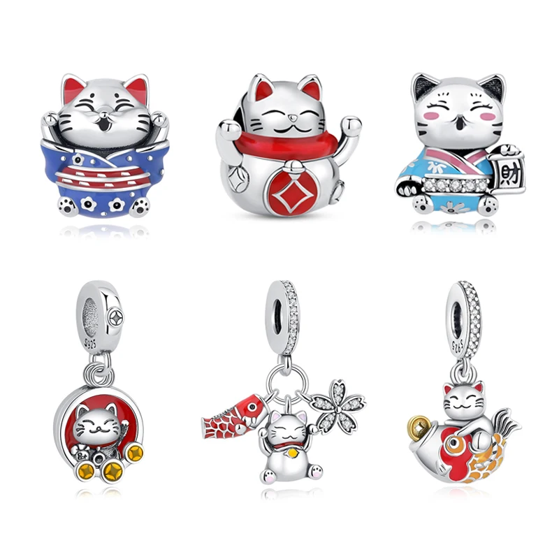 猫ちゃんshop Oryginalne 925 Sterling Silver Charms Maneki Neko Lucky