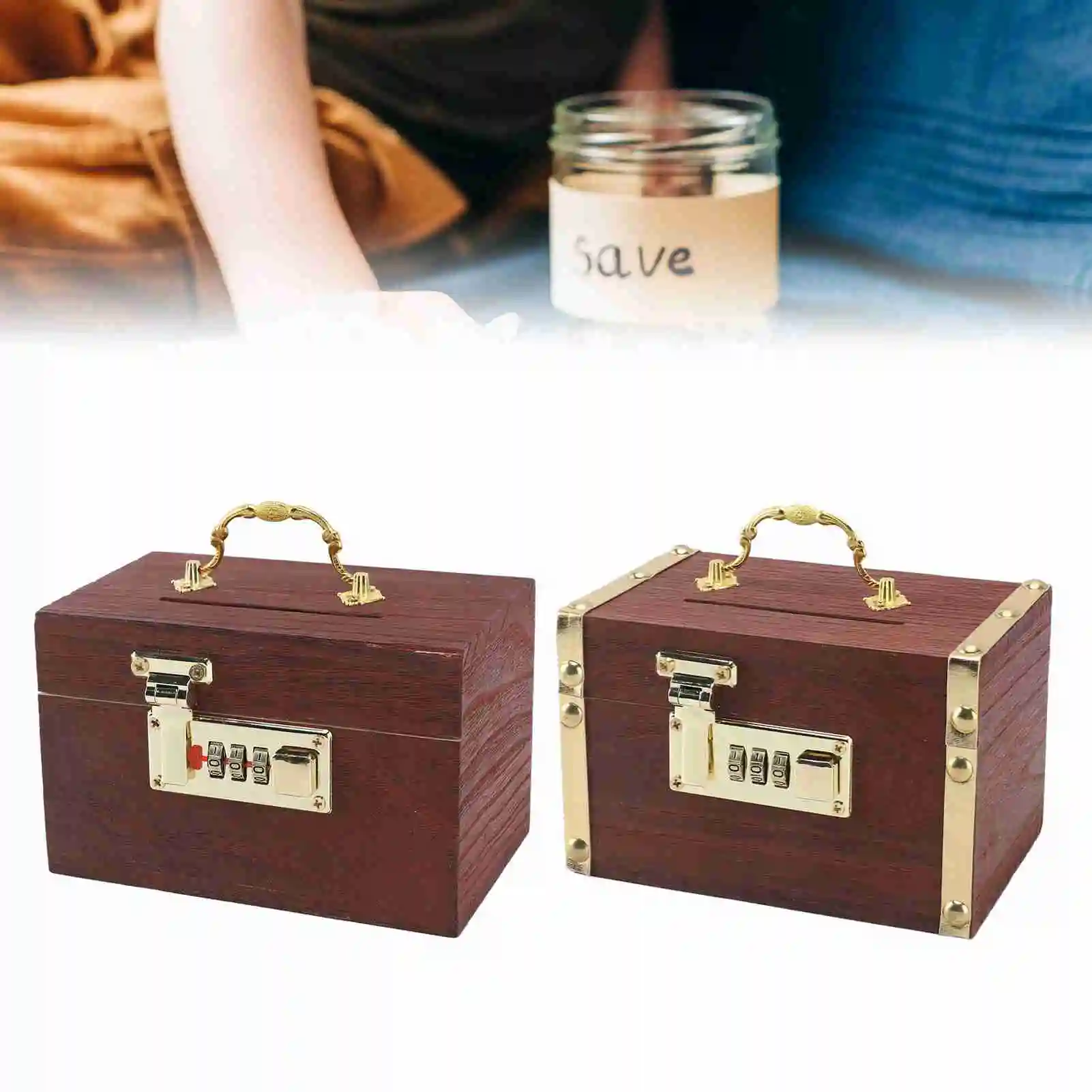 Wooden Treasure Chest Educational Large Capacity Locking Safety Multipurpose Wood Money Storage Box with Password Lock for Kids 4