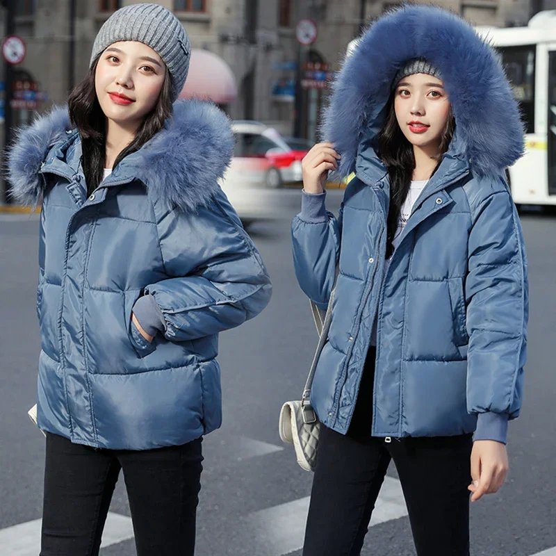 Women's Fashion Large Fur Collar Hooded Thick Cotton Down Thickened Jackets Winter Coats Solid Simple Parkas 2023 Female Outwear