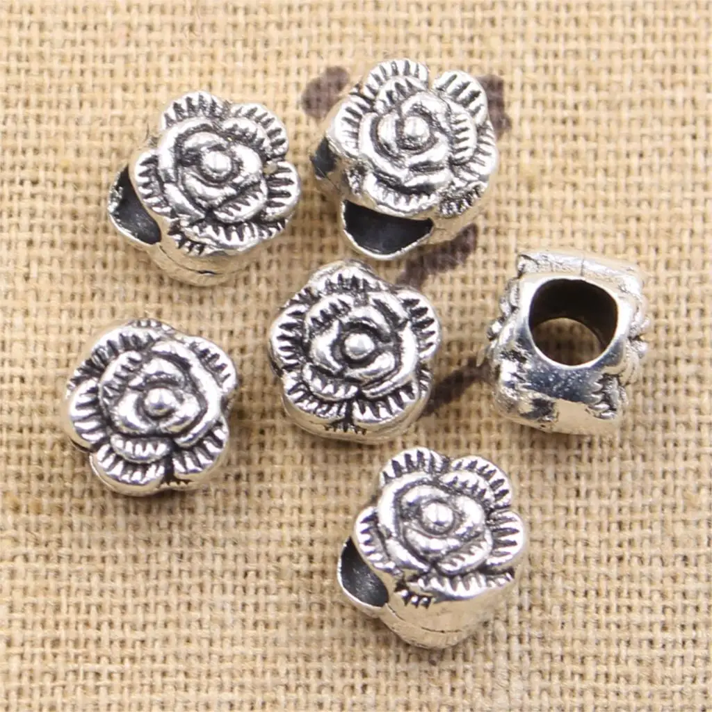 15pcs 10x9x9mm 꽃 로즈 4.5mm 큰 구멍 골동품 실버 컬러 비즈 매력 Diy 매력에 맞게 팔찌 쥬얼리 비즈