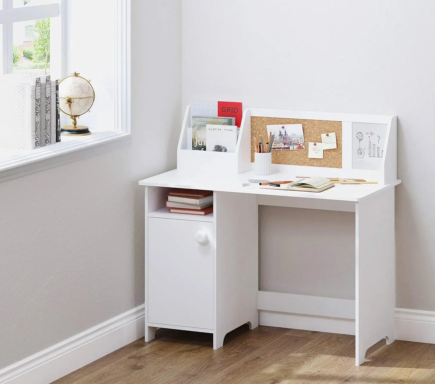 Kids Study Desk with Storage, Wooden Children School Study Table with Hutch and Storage Cabinet for 3-8 Years Girls Boys, S 3
