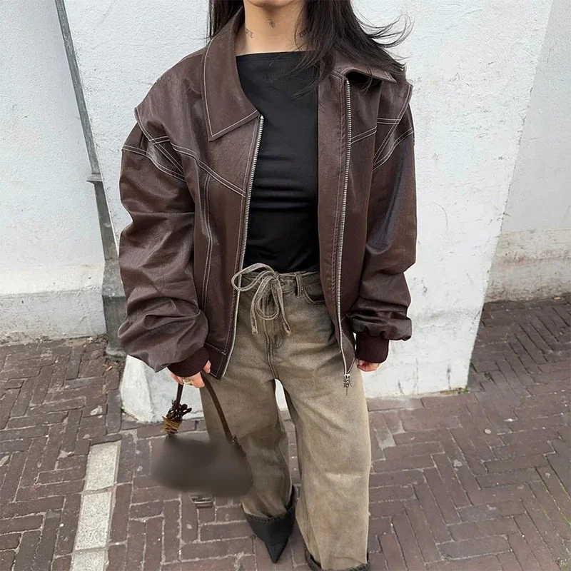 Vintage Solid Lapel Collar Zipper Women's Leather Jacket Casual Fashion Lapel Long Sleeve Coat 2024 Autumn Winter Outwear Tops
