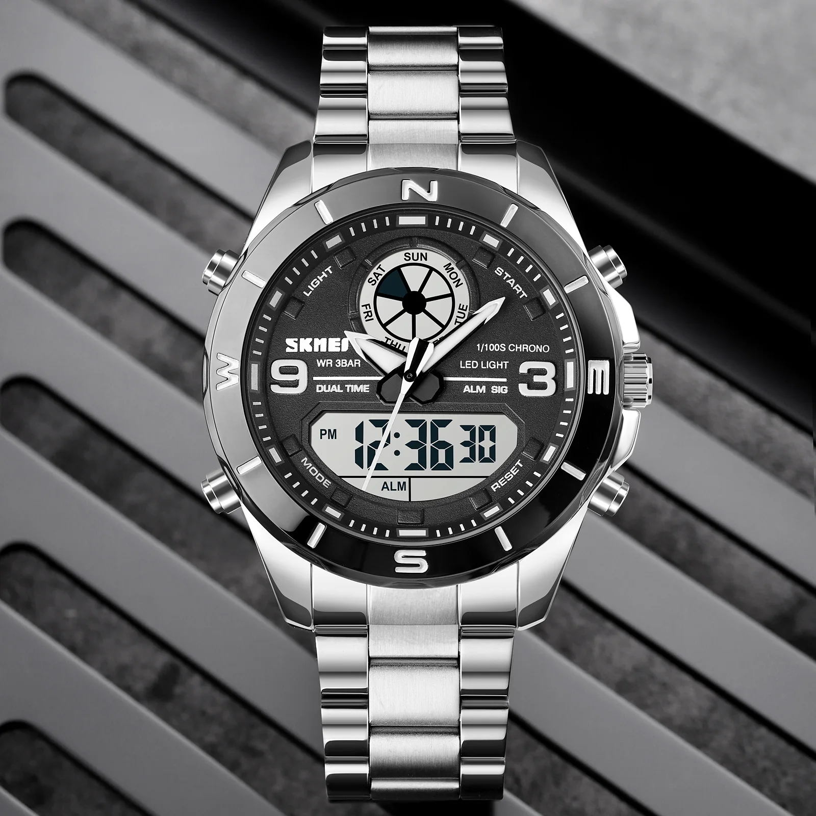 SKMEI Digital Watches EL Stainless Steel 2Time Dual Movement Waterproof Sports Full Touch Screen Classic Relogio Masculino1839