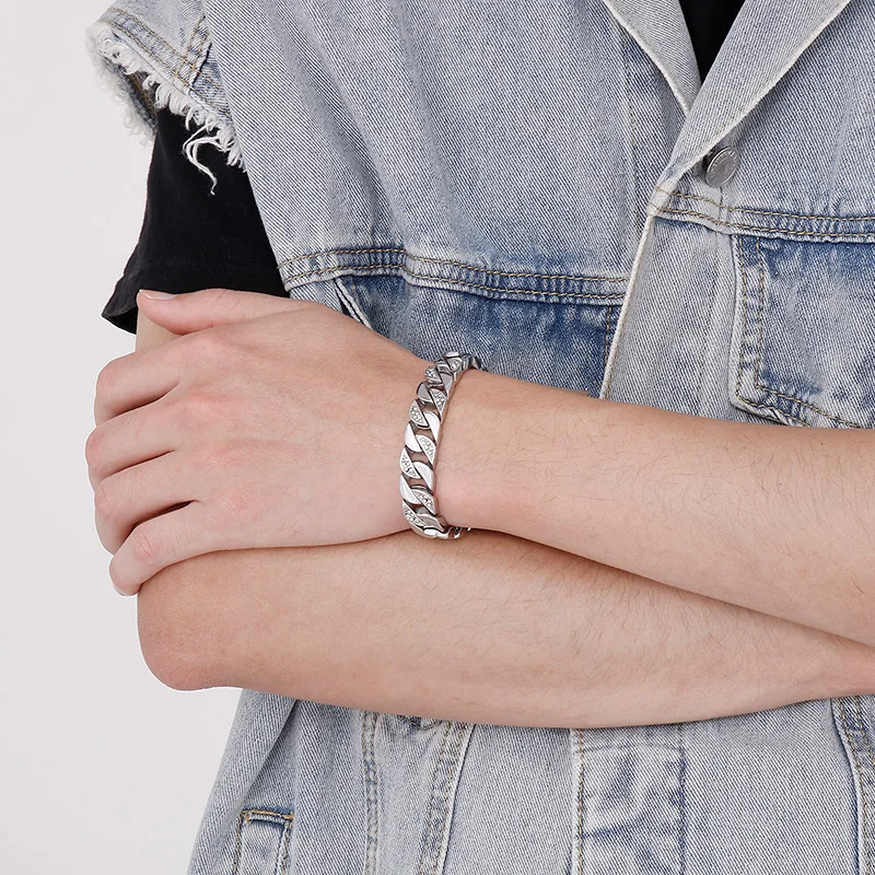 Fongten 22 cm Kubanischen Kette Armbänder Für Männer Zirkon Edelstahl Kette Handgelenk Armbänder Gothic Männlichen Armreif Silber Farbe schmuck – Detail 14