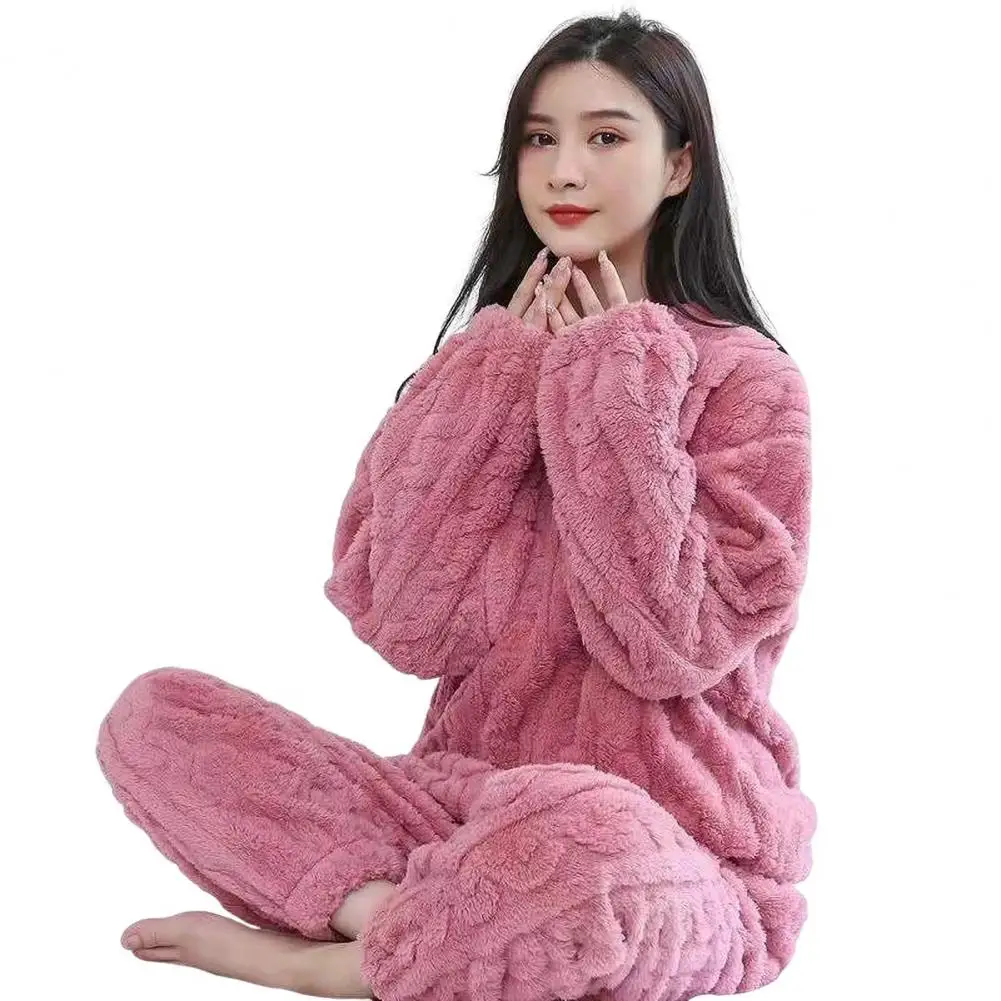 Couple Autumn Women Solid Warm 2 Piece Sets Thicken Velvet Ribbed Fleece Set Pullover And Pants Women Casual Pajama Sets