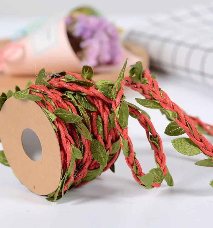 Natural Jute Twine 5Meter/lot 5MM Burlap Leaf Ribbon with Artificial Vine Green Leaves DIY Craft Vintage for Wedding Party Decor jute rope