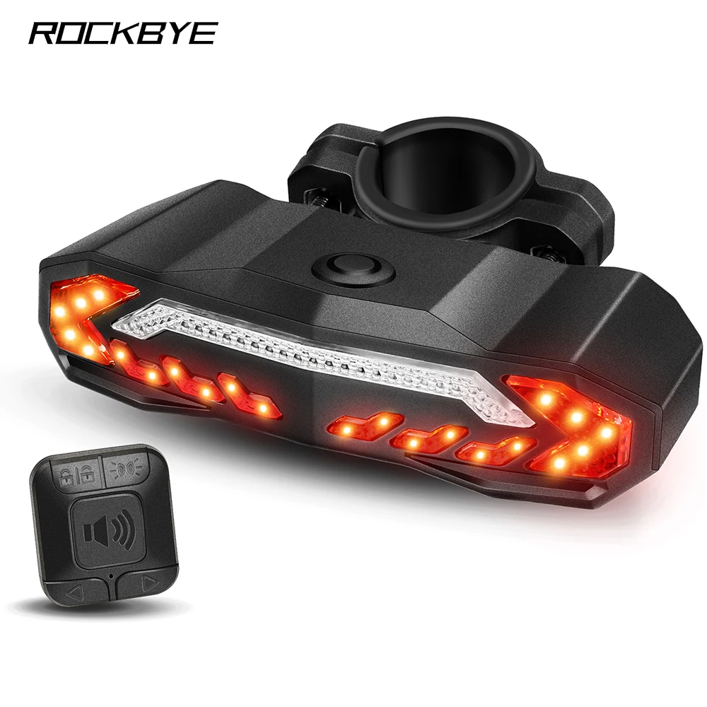 Rockbye Bike Taillight USB Rechargeable Remote Control Bicycle Alarm Anti Theft Light IP65 Waterproof Cycling Turn Signal Lamp