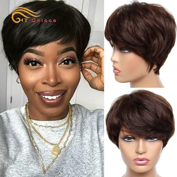 Parrucche Economiche in Capelli Umani, Taglio Bob Corto Pixie per Donne, Parrucca Brasiliana Colorata Realizzata a Macchina