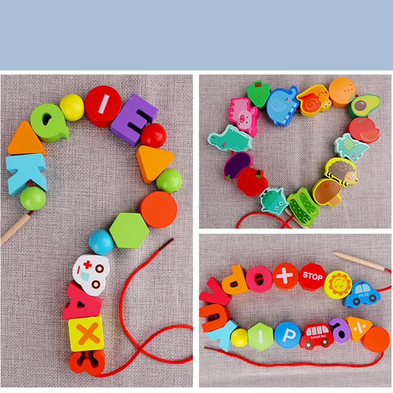 Wooden Toys Baby DIY Toy Cartoon Fruit Animal Stringing Threading Wooden beads Toy Monterssori Educational for Kids