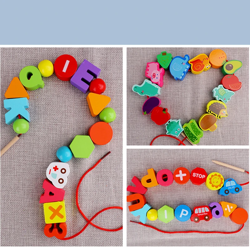 Educational Wooden Toys For Kids DIY Cartoon Fruit Animal Stringing