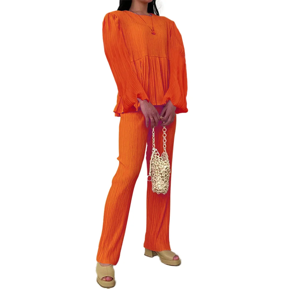 

New Summer Women Two-piece Elegant Pants Suit Solid Color Round Neck Puff Sleeves T-Shirts Tops and Wide Leg Pants Sets