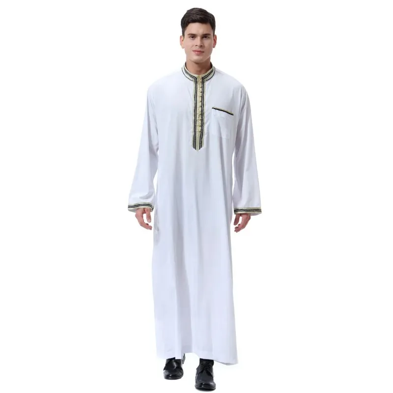 Muslim Men Jubba Thobe Mens Long Dress Islamic Applique Kimono Long Robe Saudi Musulman Wear Abaya Caftan Dubai Arab Dress 2024