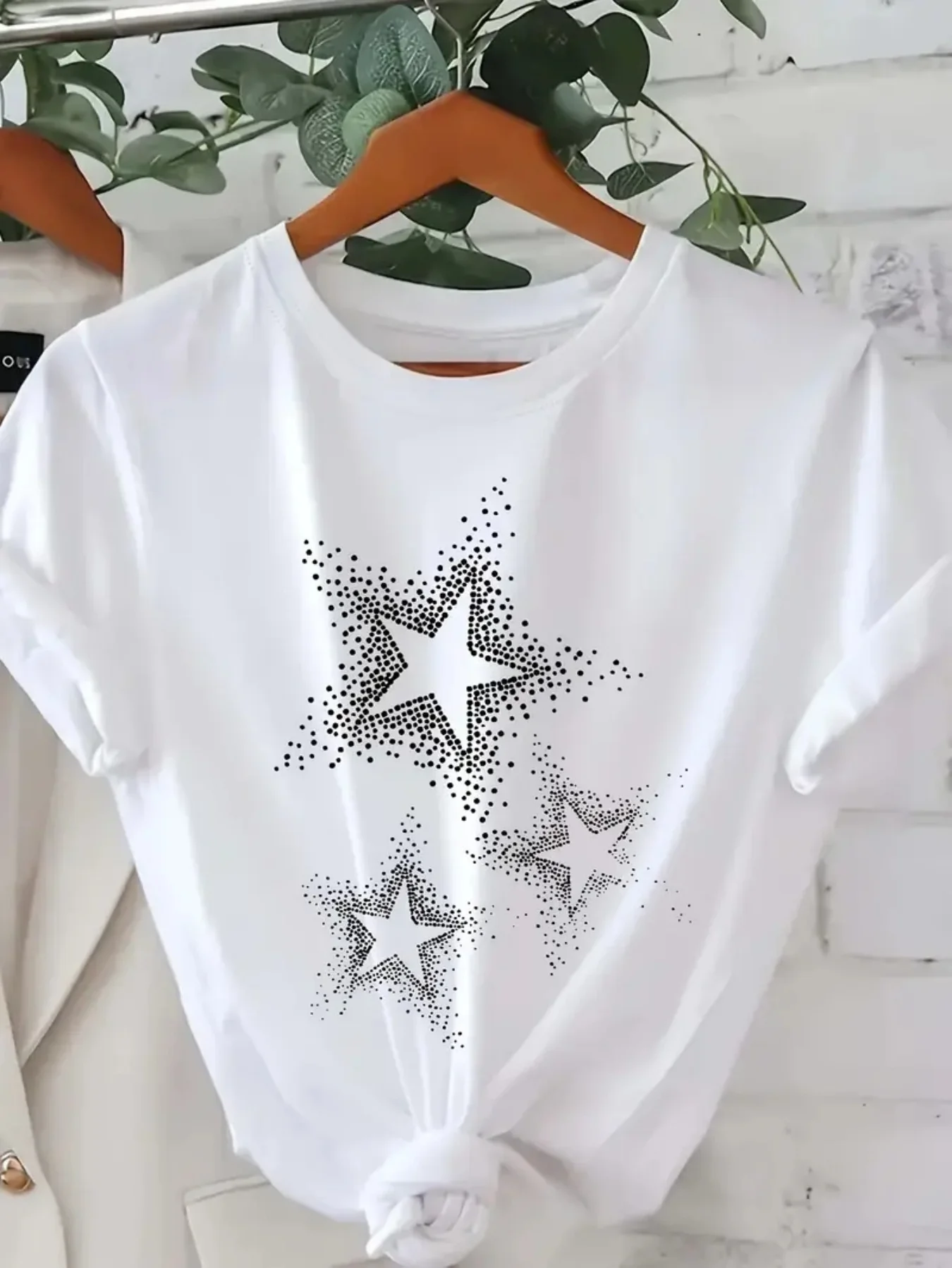 Women's Casual Short Sleeve T-Shirt - Black with White Star Print Round Neck Top for Spring & Summer Machine Washable 1