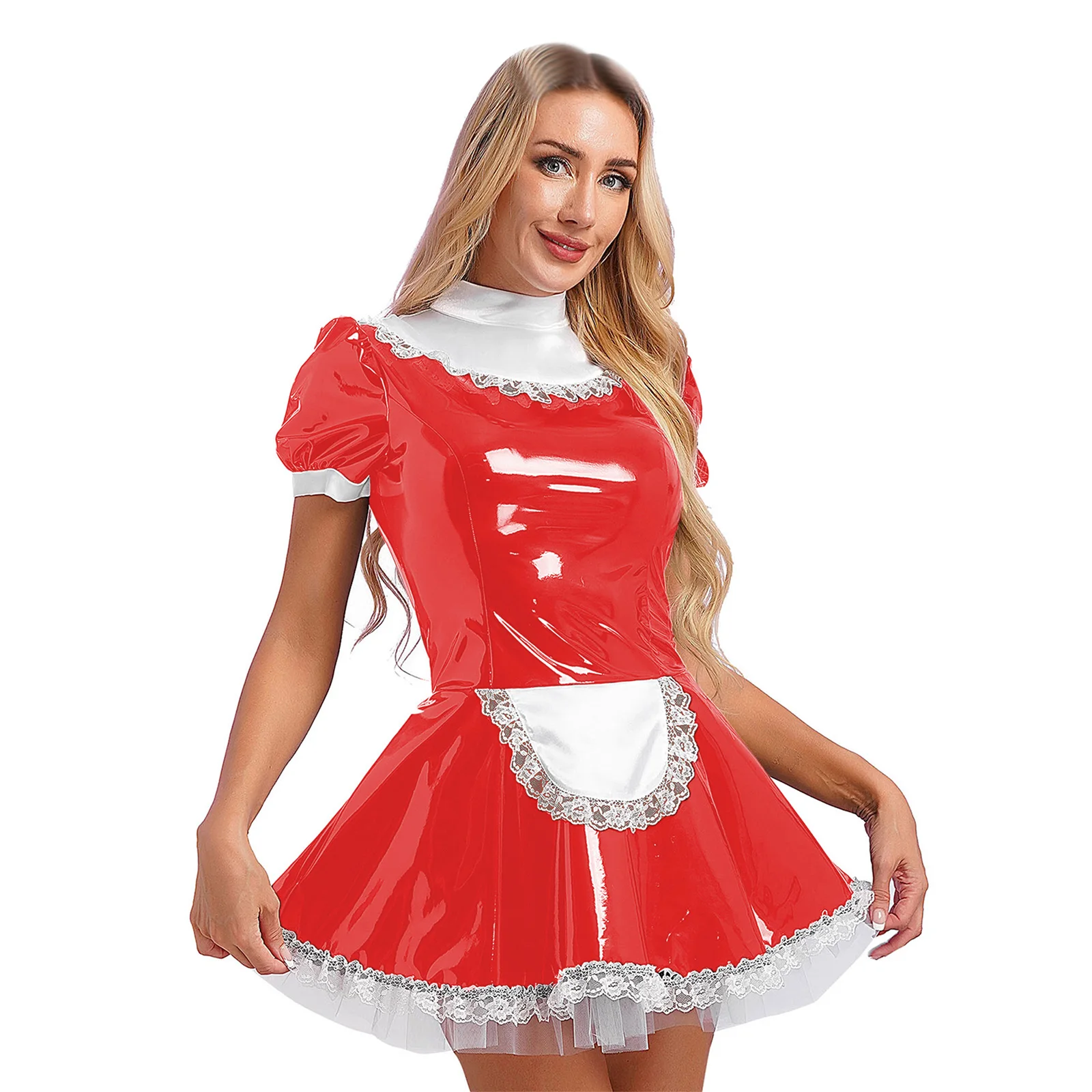 

Womens Cosplay Costume Glossy Wet Look Patent Leather Maid Fancy Dress Lace trim Apron Puff Sleeve A-Line Ruffled Dresses Outfit