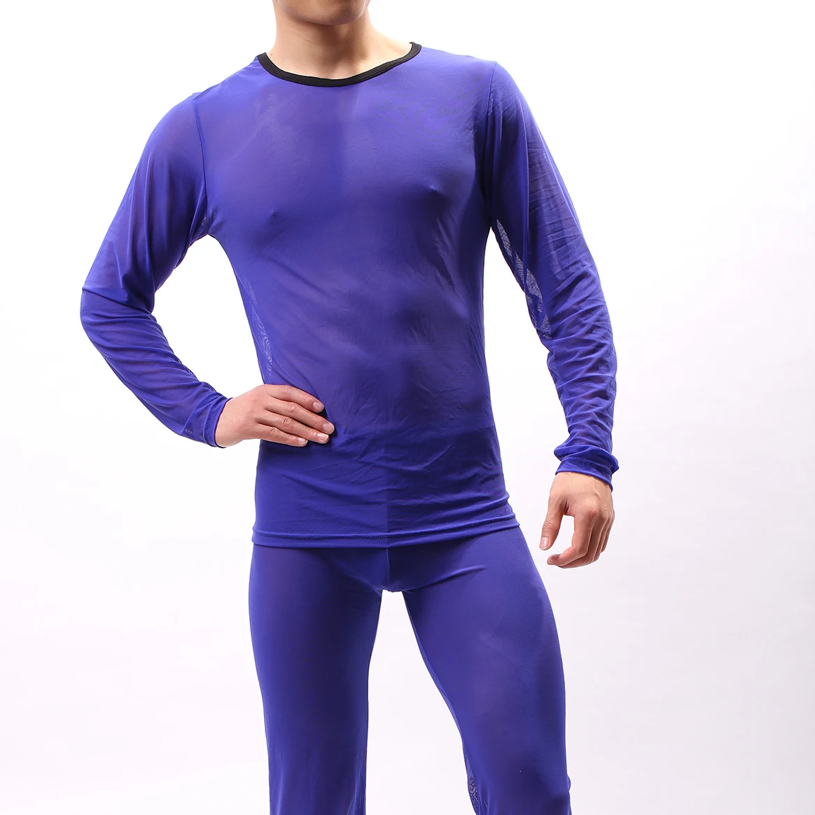 New Fashion Mens Sexy Transparent Gauze Undershirt Utra-thin O-neck See Through Mesh Long Sleeve Fitness T Shirt Men Tees