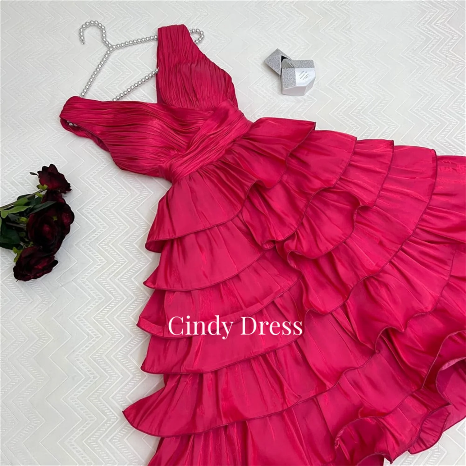 

Cindy Evening Dresses Ladies Layered Prom Medium Length White Dress Rose Red Sharon Happy 2024 V-neck Party Women Elegant Gowns