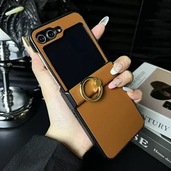 Premium PU Leather Shockproof Phone Case with Ring Holder - Hard Shell Protective Cover for Samsung Galaxy Z Flip Series (Brown)